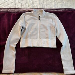 Calvin Klein Gray and Cream Fitted Ribbed Crop Jacket